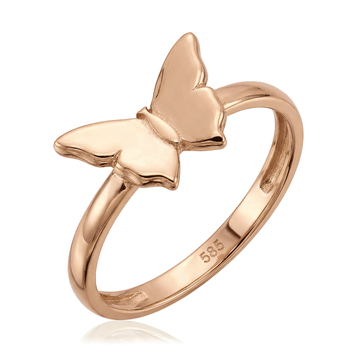14K rose gold butterfly ring, polished butterfly set on a slim rounded band, angled view on white