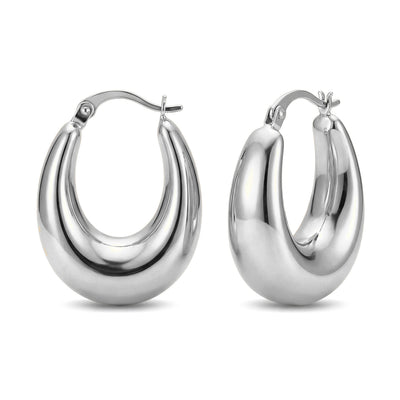 14K white gold chunky dome hoop earrings, pair shown front and side with latch closure on white