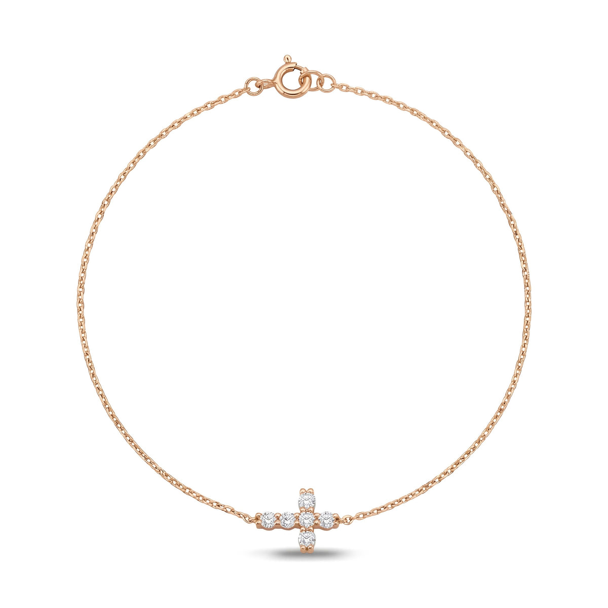 14K rose gold cross bracelet, fine cable chain with a small clear stone cross and spring ring clasp