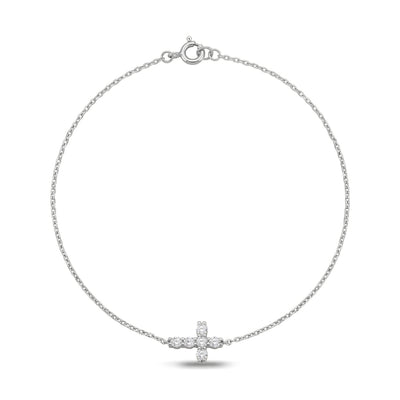 14K white gold cross bracelet, fine cable chain with a small clear stone cross and spring ring clasp