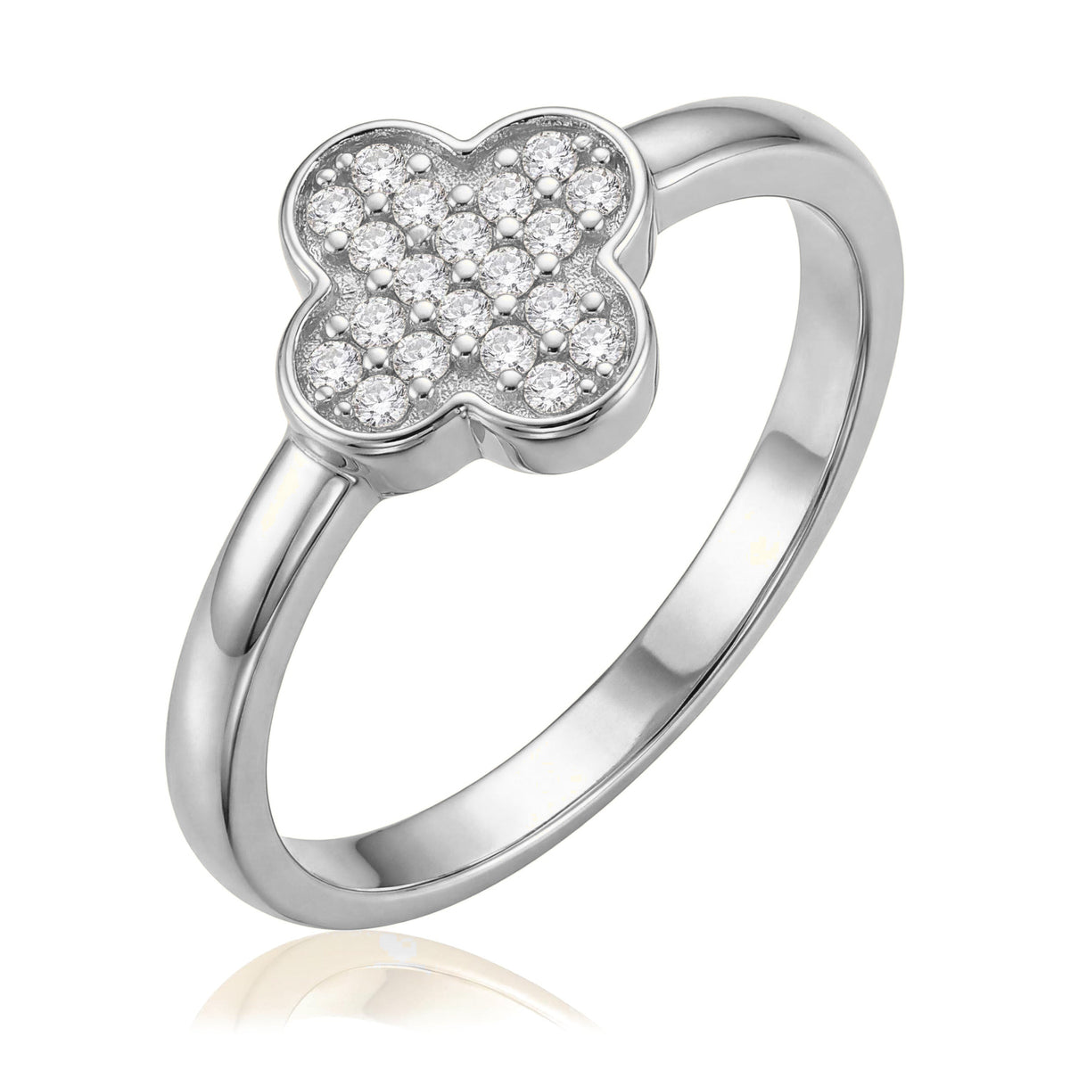 14K white gold clover ring, four-leaf top paved with cubic zirconia on a plain polished band