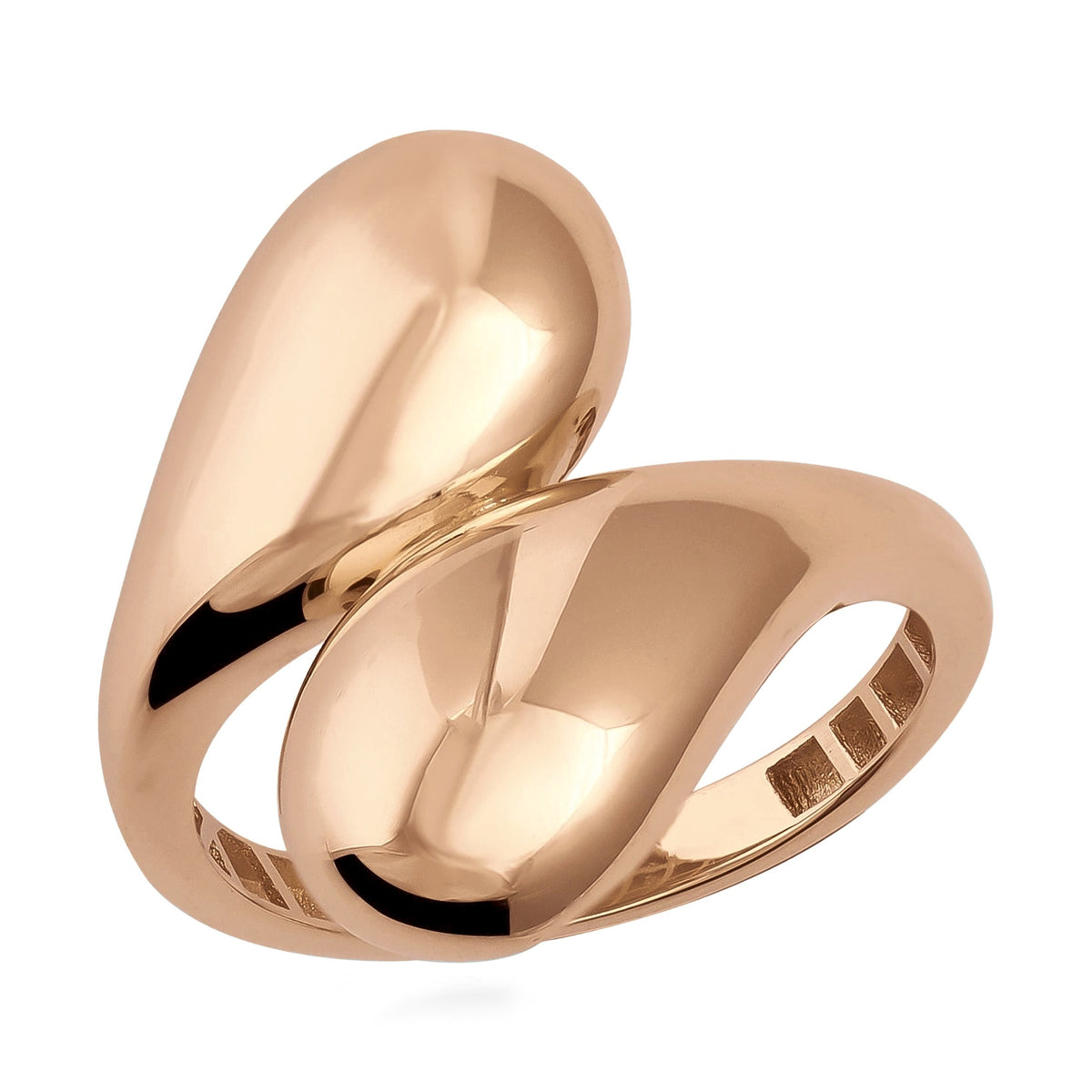 14K rose gold double teardrop bypass ring, two polished domed teardrops wrapping past each other