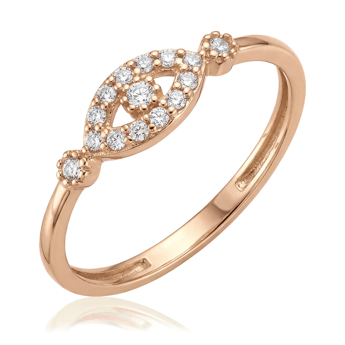 14K rose gold evil eye ring, open eye outlined in CZ with a round centre stone on a thin band