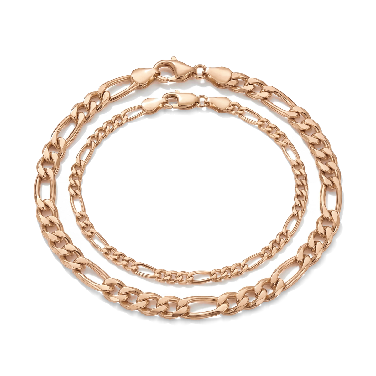 14K rose gold figaro chain bracelets in two widths, nested with lobster clasps on white