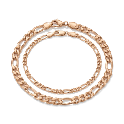 14K rose gold figaro chain bracelets in two widths, nested with lobster clasps on white