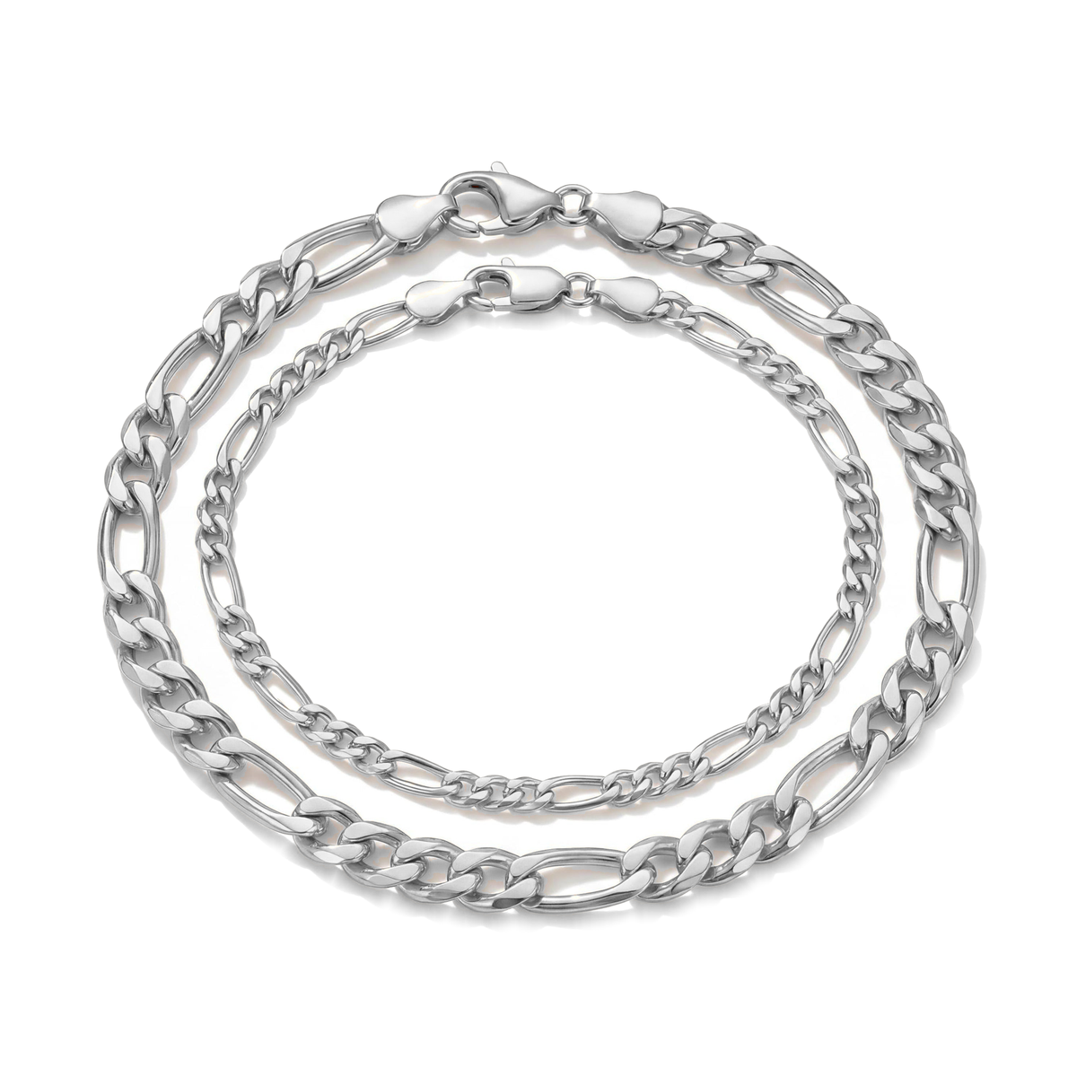 14K white gold figaro chain bracelets in two widths, nested with lobster clasps on white