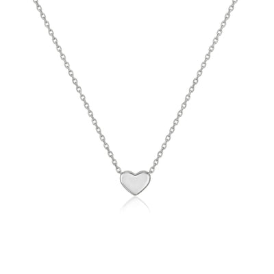 14K white gold heart necklace, tiny polished heart fixed on a fine cable chain, close-up on white