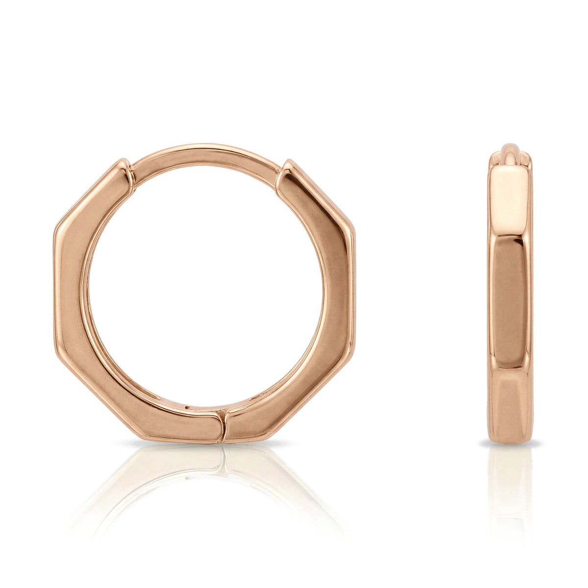 14K rose gold hexagon huggie hoop earrings, angular clicker hoop shown front and edge-on, larger crop