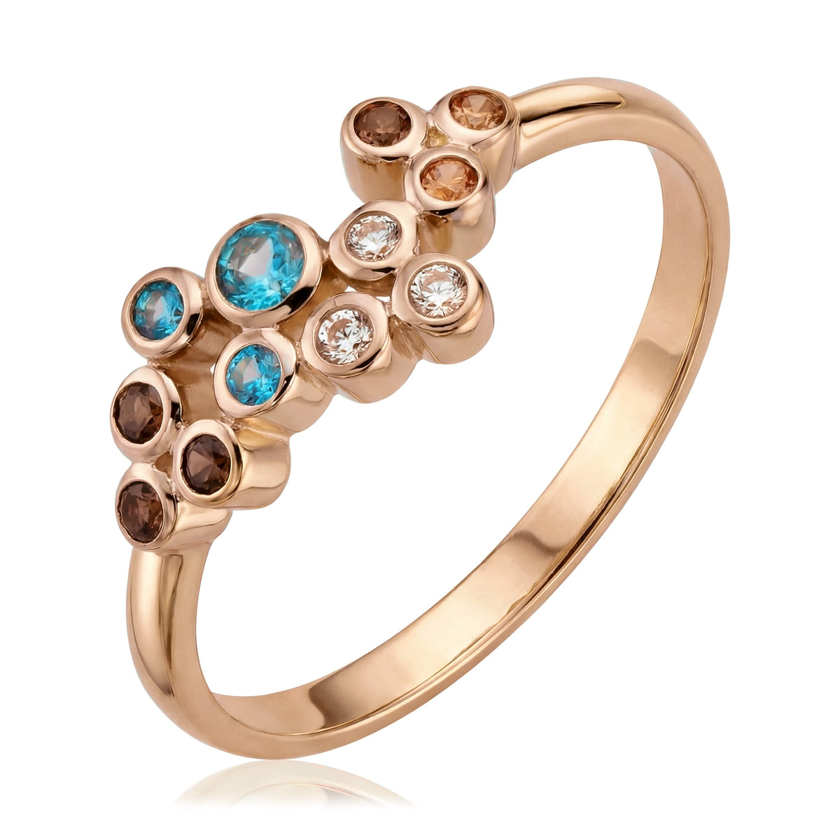 14K rose gold multi stone ring, cluster of blue, brown, orange and clear cubic zirconia in bezels