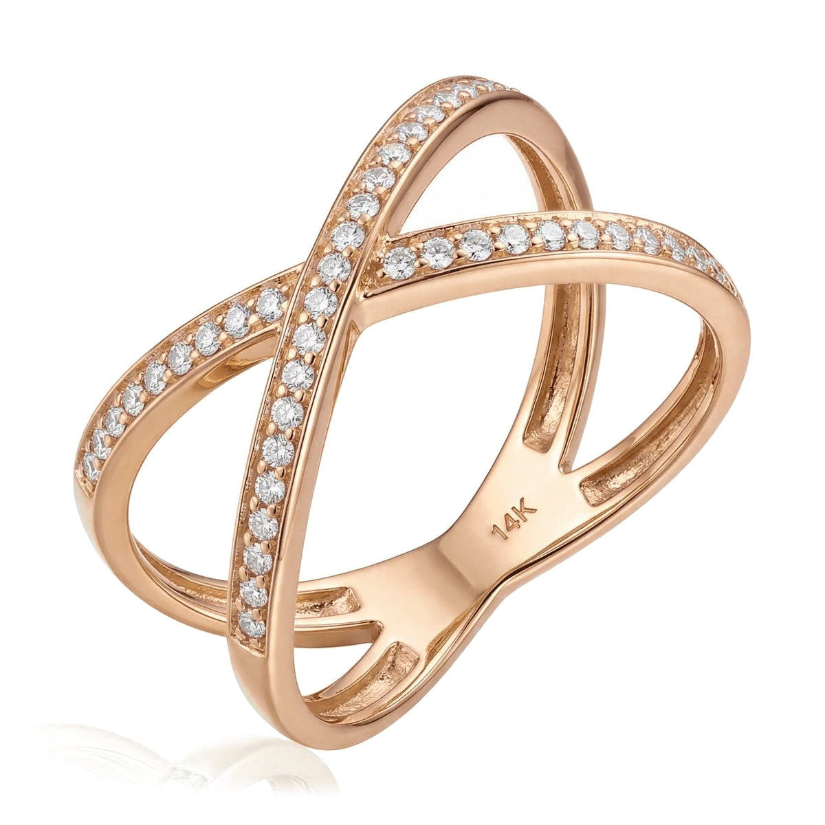 14K rose gold crossover ring, two pavé bands of clear stones crossing in an X, angled view