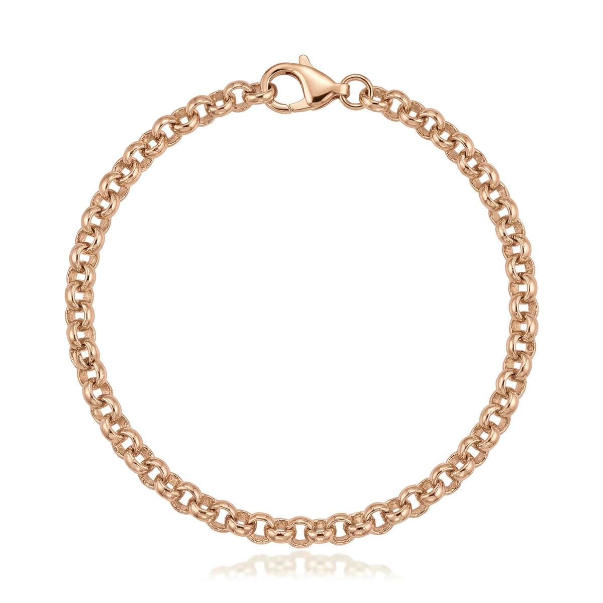 14K rose gold rolo chain bracelet, round links closed in a circle with a lobster clasp on white