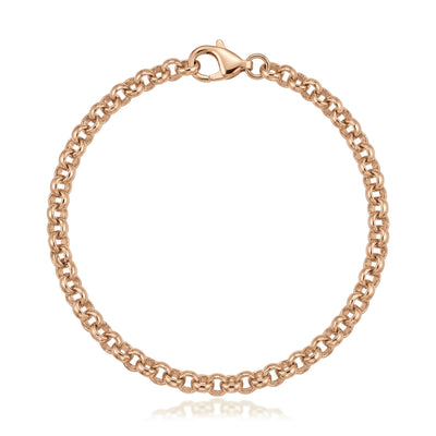14K rose gold rolo chain bracelet, round links closed in a circle with a lobster clasp on white