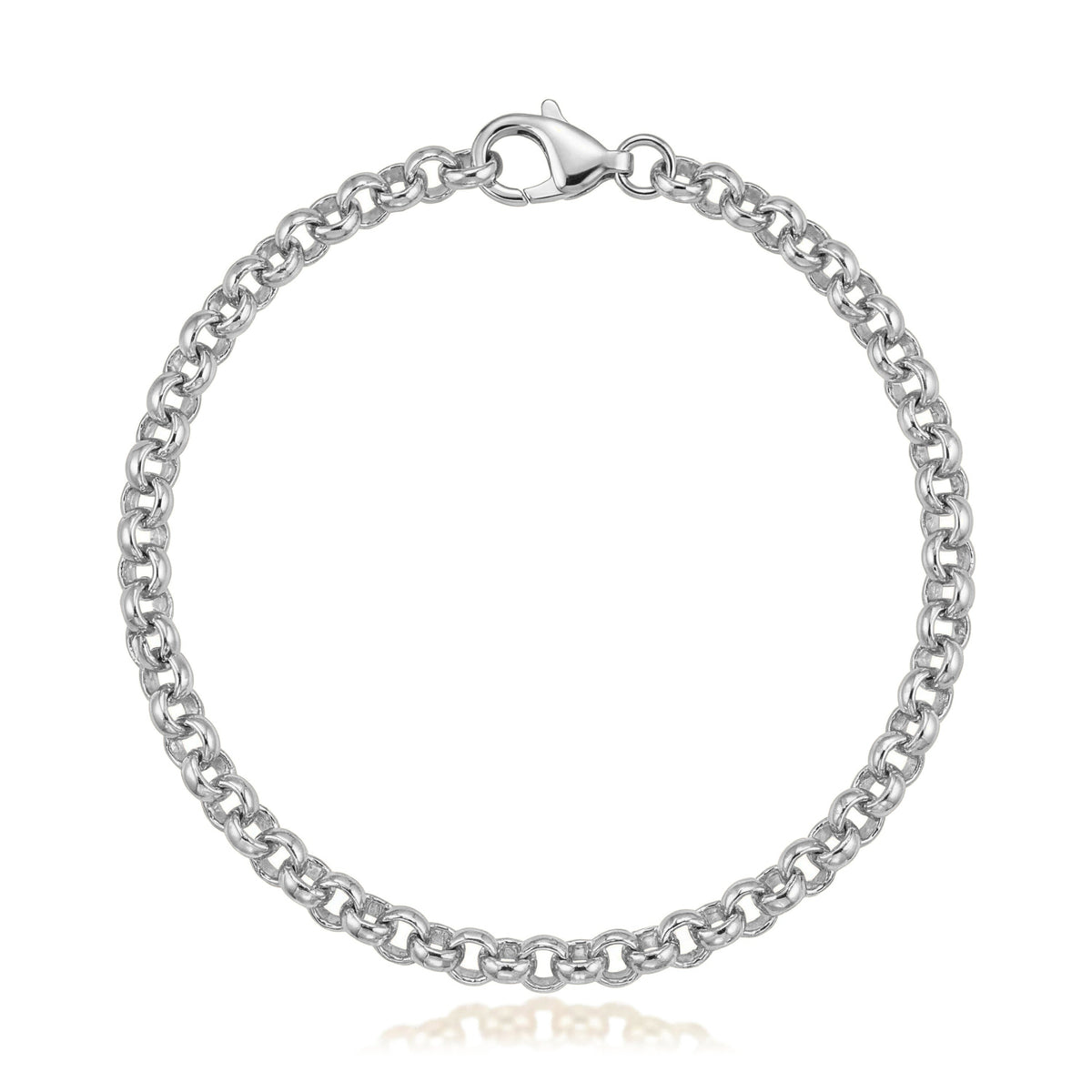 14K white gold rolo chain bracelet, round links closed in a circle with a lobster clasp on white