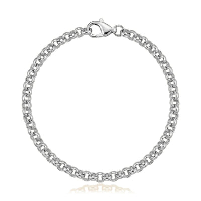14K white gold rolo chain bracelet, round links closed in a circle with a lobster clasp on white