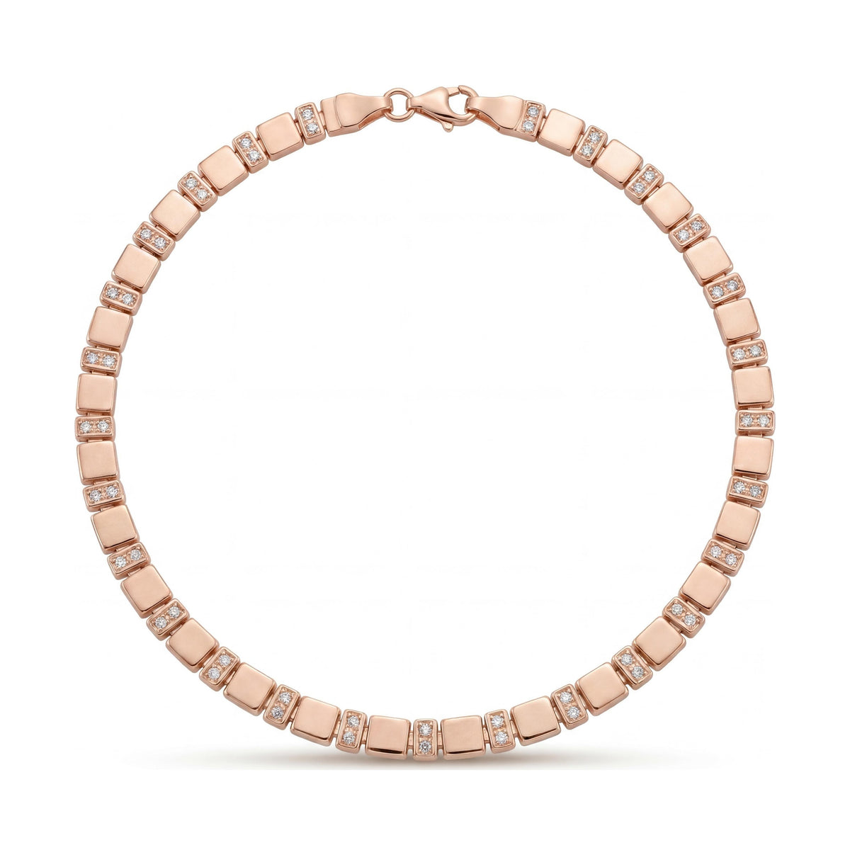 14K rose gold tennis bracelet, polished square links alternating with CZ bars, lobster clasp
