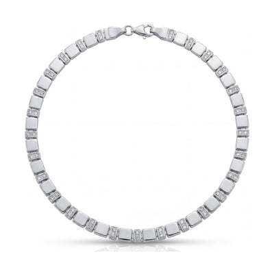 14K white gold tennis bracelet, polished square links alternating with CZ bars, lobster clasp