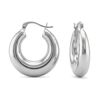 14K white gold thick huggie hoop earrings, chunky tube hoops shown front and side with latch back
