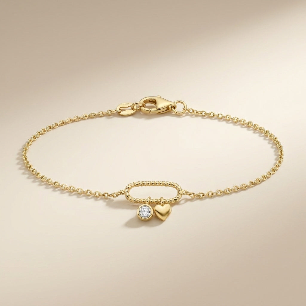 14K Gold Plated 925 Sterling Silver Heart & Stone Bracelet