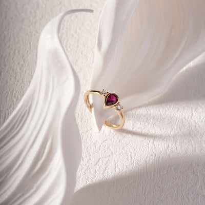 14K Solid Gold Pear-Cut Ruby Vintage Ring with Side Zircon Accents – Lab-Created Gemstone Ring, Engagement, Statement & Stackable Jewelry