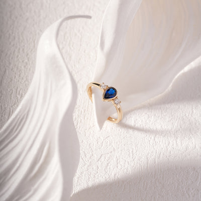 14K Solid Gold Pear-Cut Sapphire Vintage Ring with Side Zircon Accents – Lab-Created Gemstone Ring, Engagement, Statement & Stackable Jewelry