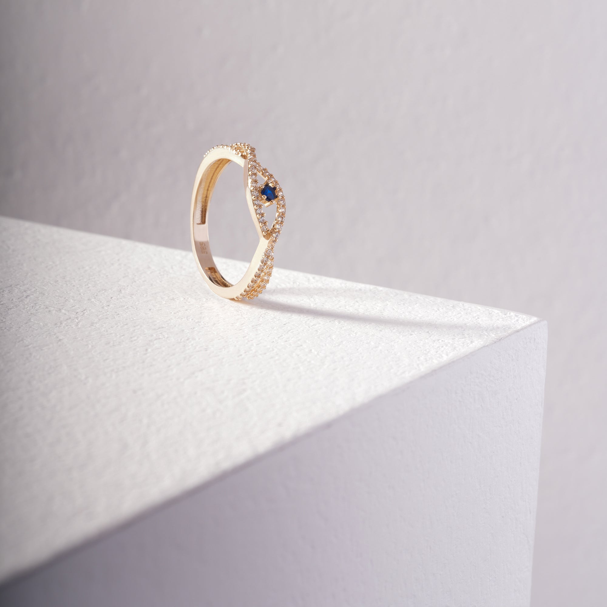 14K Solid Gold Evil Eye Ring – Bohemian Vintage Style Lab-Created Sapphire Center with Zirconia Accents