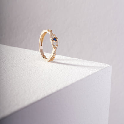 14K Solid Gold Evil Eye Ring – Bohemian Vintage Style Lab-Created Sapphire Center with Zirconia Accents