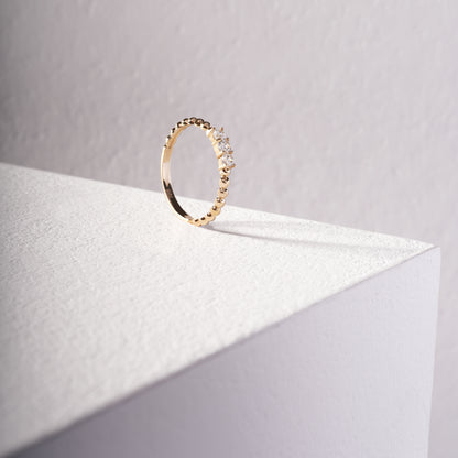 14K Gold Trio Stone Ring – Sparkling Round Zirconia, Beaded Detail, Elegant Band