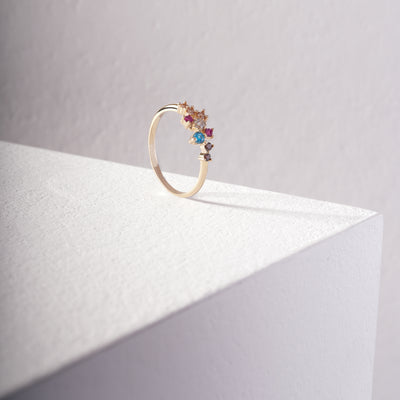 14K Solid Gold Colorful Birthstone-Inspired Ring – Round Multi-Stone Delicate Design, Stackable Fine Jewelry Gift for Her, Minimalist Elegant Band