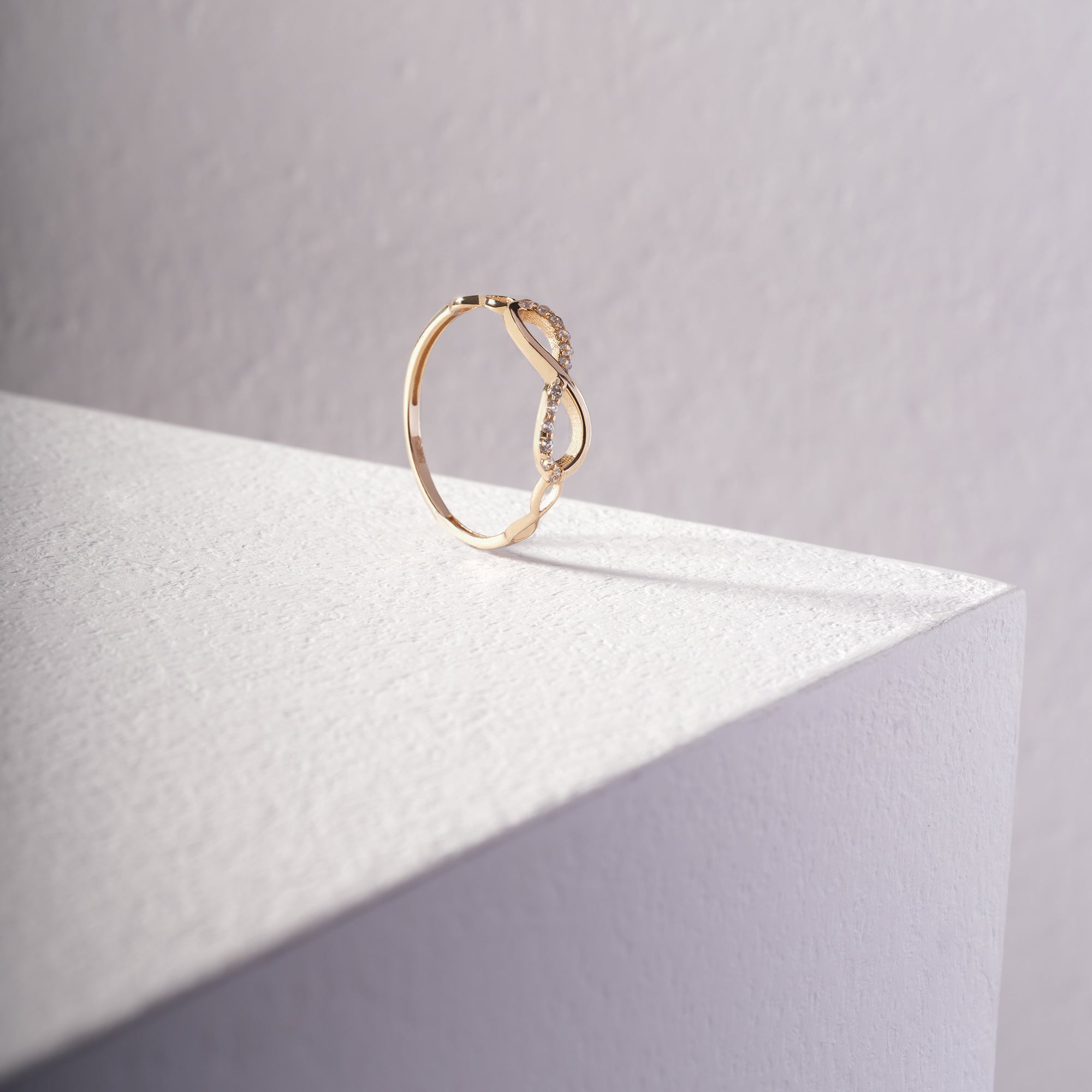 14K Solid Gold Infinity Ring – Half Pavé Zirconia Minimalist Eternity Symbol Ring for Daily Wear or Stacking