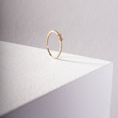 14K Solid Gold Minimal Bow Ring – Delicate Half-Pavé Round Zirconia Accents on Elegant Band, Minimalist Stackable Fine Jewelry Gift for Her