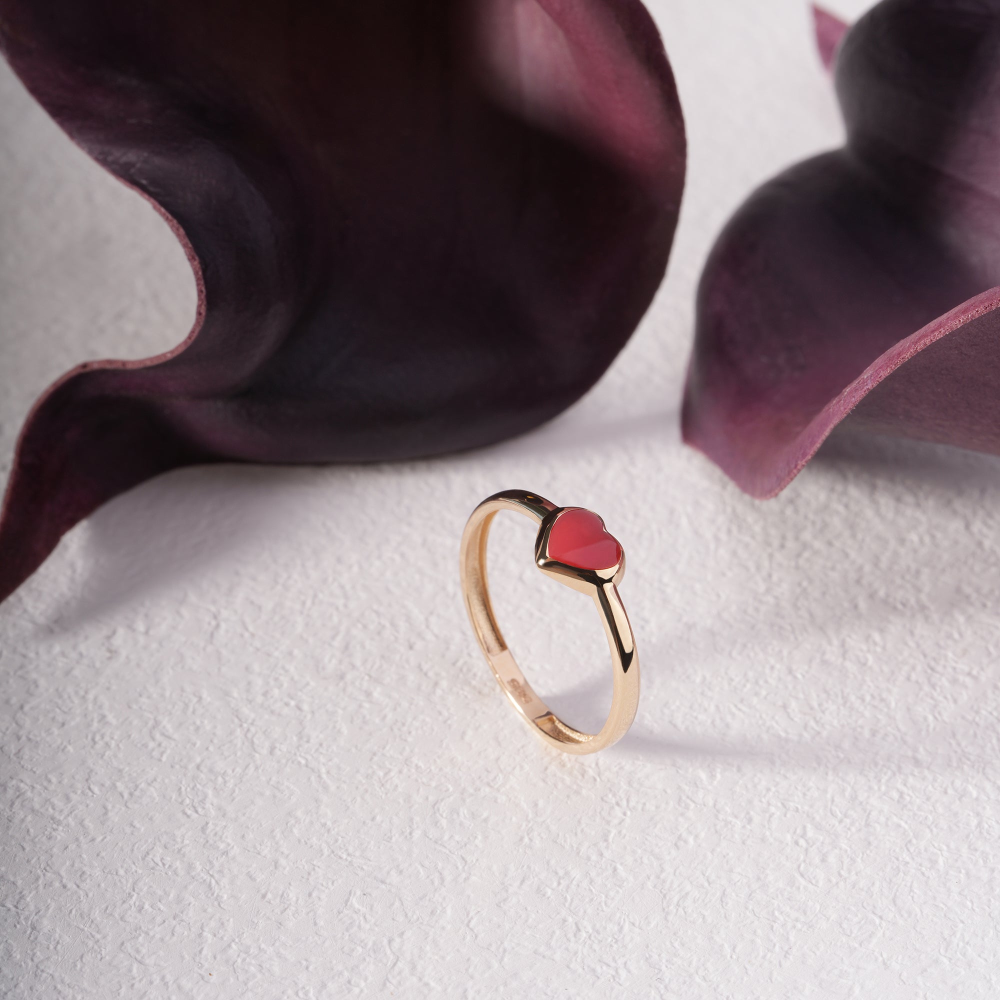 14K Solid Gold Heart Enamel Ring – Minimal Red Center Heart Ring – Gift for Her