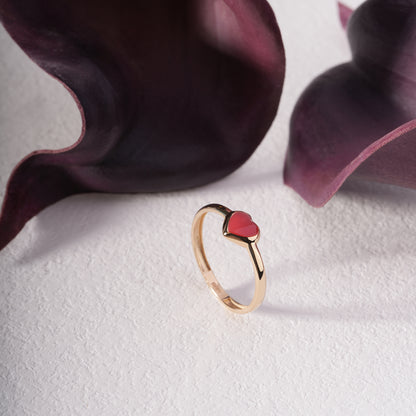 14K Solid Gold Heart Enamel Ring – Minimal Red Center Heart Ring – Gift for Her