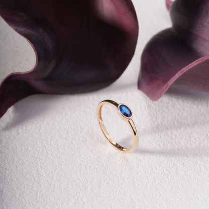14K Solid Gold Oval Vintage Ring with Lab-Created Sapphire – Fine Gold Gift Ring, Anniversary & Engagement