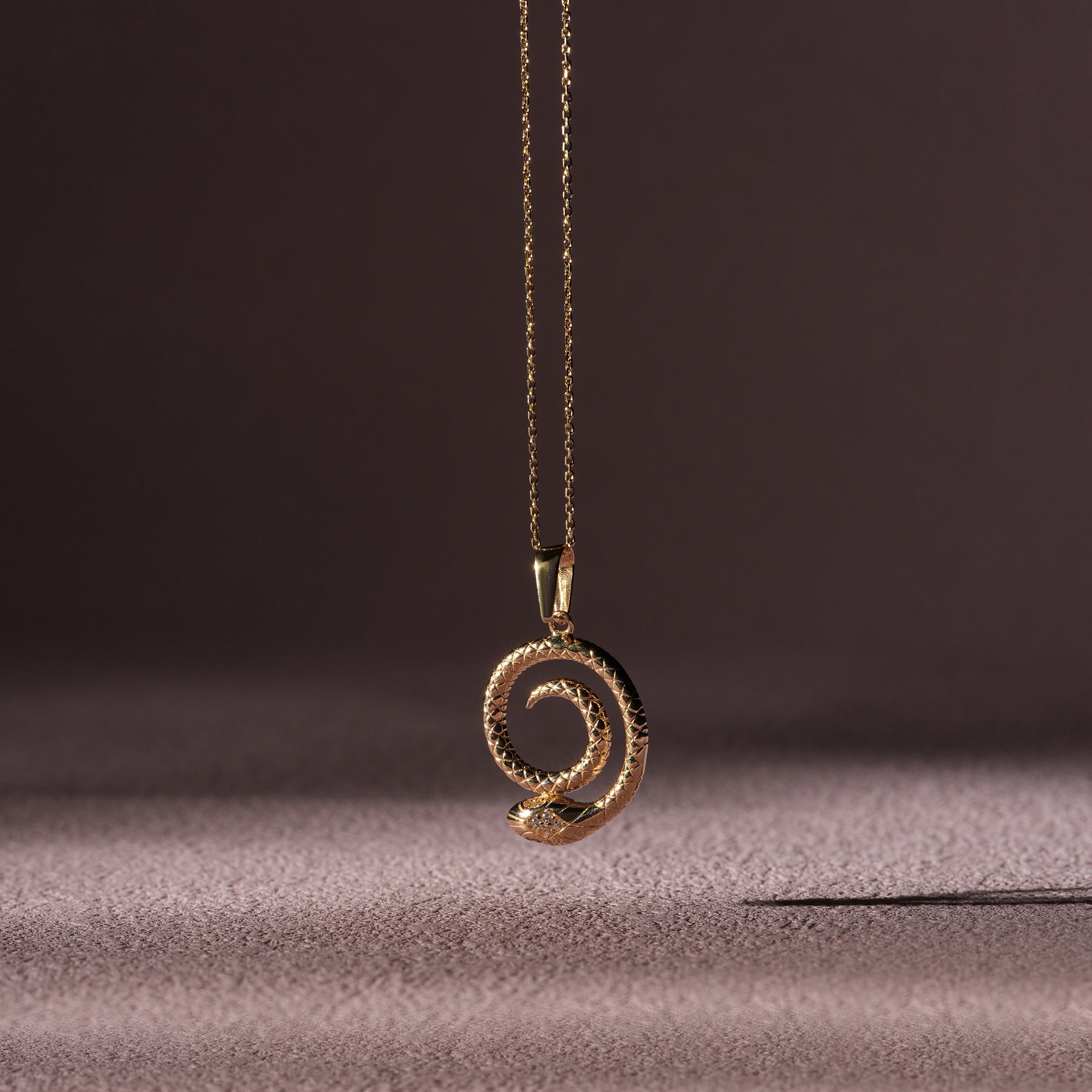 Gold necklace with a spiral pendant on a brown background