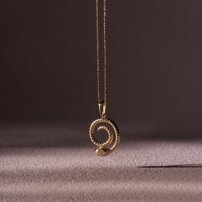 Gold necklace with a spiral pendant on a brown background