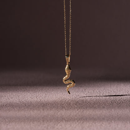Gold snake-shaped pendant on a chain against a dark background