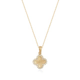 14K gold clover-shaped pendant necklace with cubic zirconia accents on a delicate gold chain