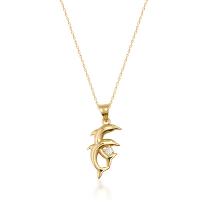 14K Solid Gold Dolphin Pendant Necklace with White Zircon Stone – Symbol of Love and Friendship