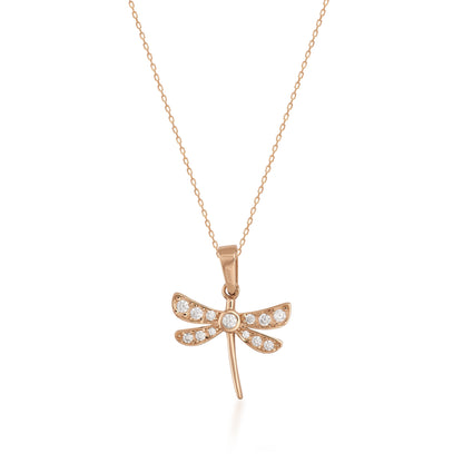 14K Solid Gold Dragonfly Pendant Necklace with 13 White Zircon Stones – Dainty Nature Jewelry