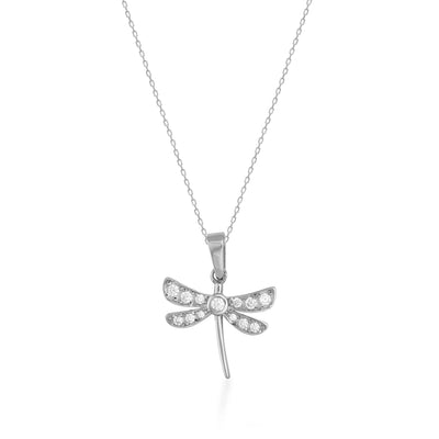 14K Solid Gold Dragonfly Pendant Necklace with 13 White Zircon Stones – Dainty Nature Jewelry