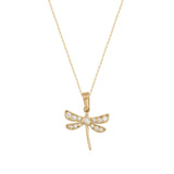 14K gold dragonfly pendant necklace with cubic zirconia accents on a fine gold chain, isolated on white