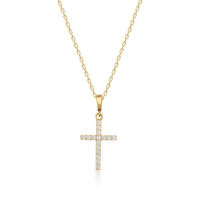 Gemstone Cross 14K Solid Gold Pendant Necklace with White Zircon Stones – Dainty Religious Jewelry