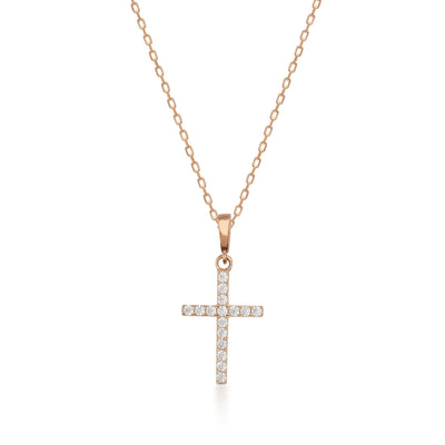 Gemstone Cross 14K Solid Gold Pendant Necklace with White Zircon Stones – Dainty Religious Jewelry
