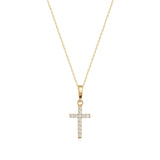 14K gold chain necklace with a cubic zirconia cross pendant on white background