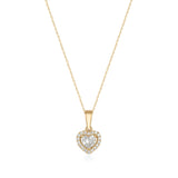 14K gold necklace with heart-shaped cubic zirconia pendant and halo of small cubic zirconia on white background