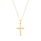 14K gold cross pendant necklace with delicate chain on white background