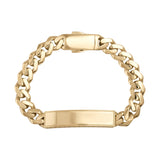 Polished 14K gold curb chain bracelet with blank ID plate and secure clasp on white background