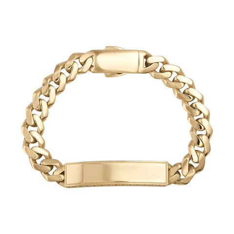 Polished 14K gold curb chain bracelet with blank ID plate and secure clasp on white background