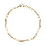 14K gold bracelet with rectangular links and sparkling cubic zirconia on a white background