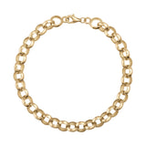 Polished 14K gold chain bracelet with round links and lobster clasp on white background
